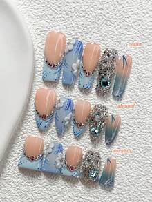 10Pcs Ethereal And Aloof Style Handmade Nail Art Set,Unghie Press On,Heart, Open Work Heart, Cat Nail Art Accessories,Hand Sculpted Petals And Lines Nail Art Decorations,Blue And White Nail Polish,Cool And Stylish Aesthetic,Comes With Nail Tools(1 Sheets Jelly Stickers+1PC Nail File)3 Sizes Available,Almond Nails, Duck Nails,Coffin Nails,Suitable For Reunion,Daily,Party,Photograph,Play,Spring Summer,Commute Supplies Nails - 彩色 - 查看 1