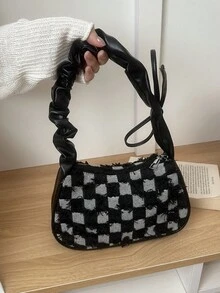 Ba lô một vai có thể điều chỉnh, thiết kế denim kẻ caro thời trang mới với nơ hình ngôi sao, dây rút nhún dưới cánh tay, chất liệu denim ombre độc đáo. - màu đen - Xem 1