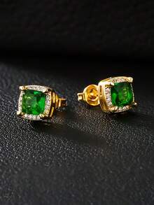 6mm Zirconia Claw Set Hip-Hop Stud Earrings, Unisex, Street Casual Versatile Accessory - Green - View 5