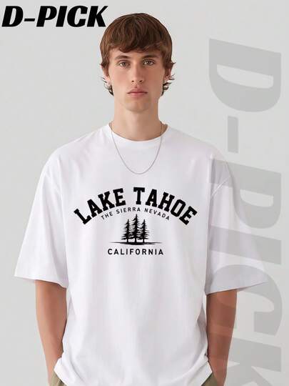 D-PICK  Lake Tahoe California Pine Printed T-Shirt, Men's 100% Cotton Round Neck Short Sleeve T-Shirt , Unisex Vintage  T Shirts Streetwear Fashion Casual Wear,Mens Clothes, Summer Mens Clothes Tops