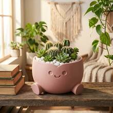 Cute Smiling Succulent Plant Potted, Mini Indoor/Outdoor Cactus Planter Suitable For Desk, Windowsill, Home & Office Decor, White/Pink/Gray - A - View 3