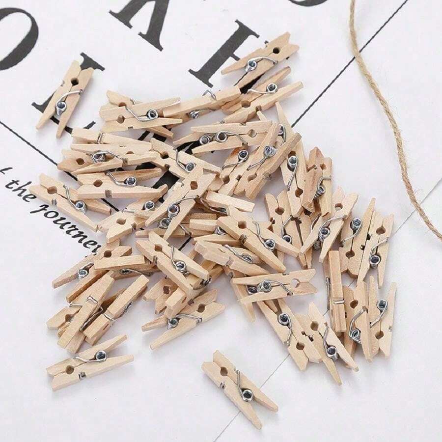 20/50/100pcs Natural Wooden Mini Clothespins With Rope, 1 Inch, Suitable For Photos, Crafts, Art Works, Gender Reveal Parties, Birthdays, Weddings, Parties, Perfect Gift For Coworkers, Friends And Family, Back To School Essential - Wood Color - View 1