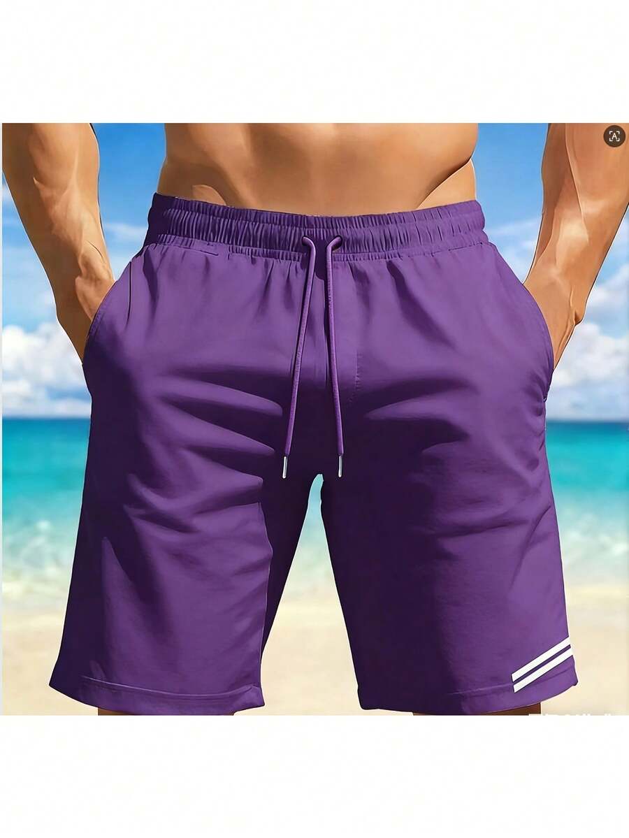 Quick-Dry Beach Shorts With Coastal Scenery Print, Lightweight Drawstring Beach Shorts, Casual, Slightly Stretchy, Perfect For Summer Vacations, Surfi - 紫色 - 查看 1