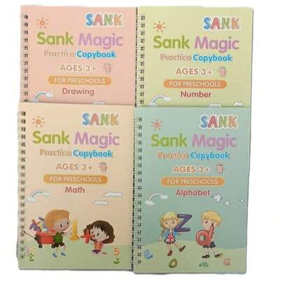Bộ 4 vở tập viết Sank Magic dành cho trẻ em, vở viết có thể tái sử dụng và xóa được, kèm bút, vở tập viết số, bảng chữ cái và thư pháp, hoàn hảo cho trẻ mẫu giáo và nhà trẻ, giúp cải thiện kỹ năng viết, khả năng điều khiển bút và khả năng học tập cơ bản, công cụ viết giáo dục sớm thiết thực cho việc học tại nhà, học trên lớp và luyện tập hàng ngày.
