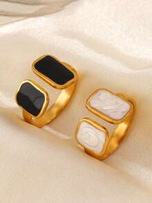 1pc Stainless Steel 18K Gold Plated Personalized Hip-Hop Black & White Drip Oil Geometric Ring, Suitable For Women's Daily Wear And Party - Multicolor - View 3