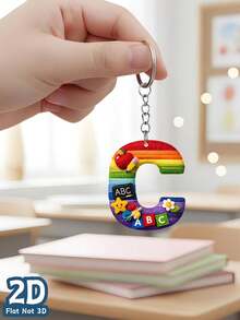 2D Flat Style, Unisex Gift, Plush Texture Teacher Theme Letter A-Z Pattern Acrylic Keychain, Keyring, Backpack Pendant, Birthday Gift, Party Favor, Souvenir, 2D Flat Style - Rainbow - View 33
