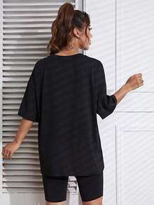 Camiseta gráfica con estampado de sol y luna y hombros caídos para mujeresPure-Cotton - Negro - Ver 3