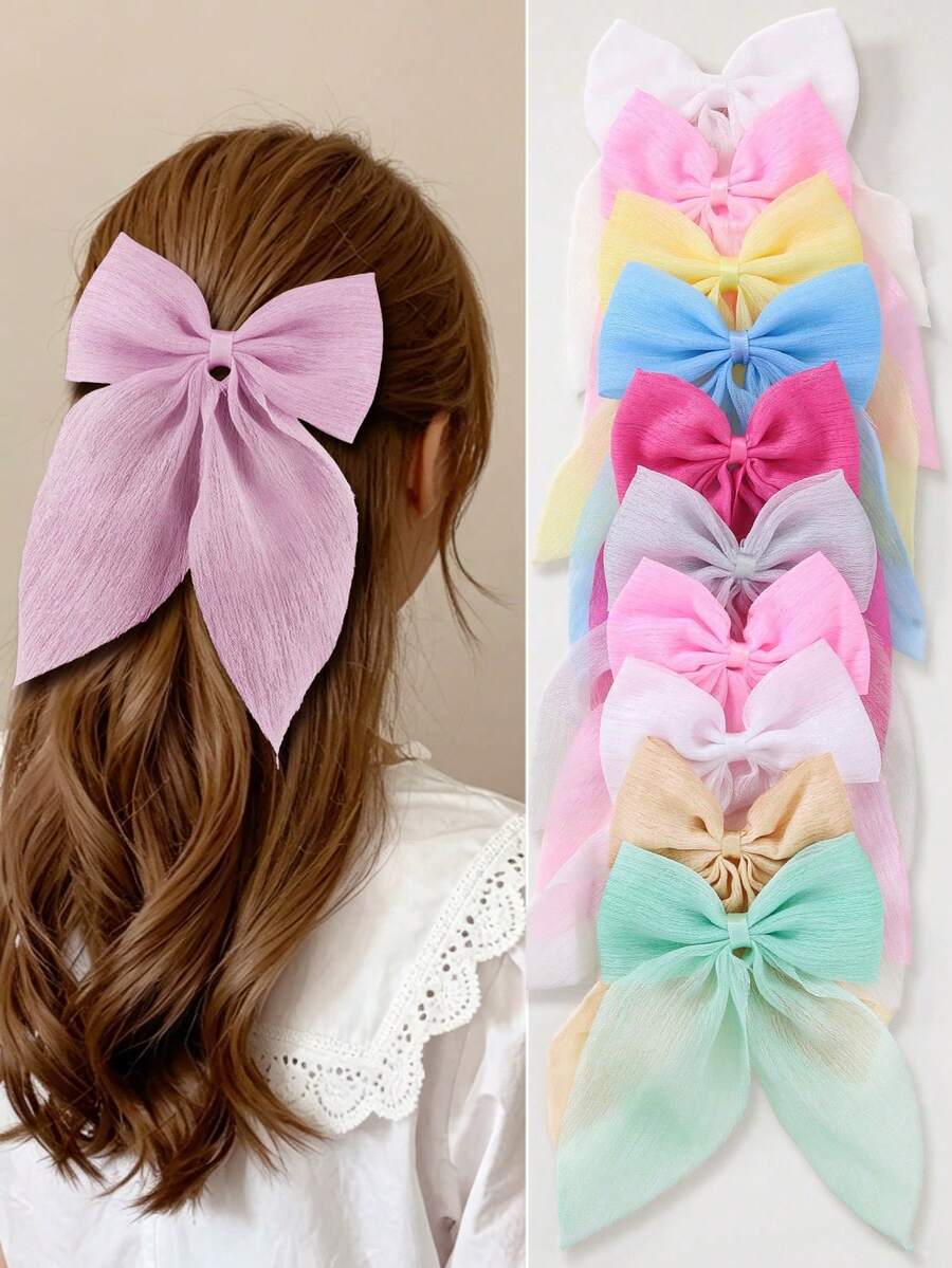 Bộ 10 chiếc kẹp tóc nơ bằng vải chiffon màu trơn dành cho bé gái/thiếu nữ, phụ kiện tóc dùng hàng ngày. - Nhiều màu - Xem 1