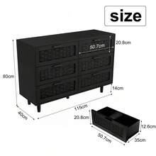 MISNODE Wooden And Rattan Chest Of Drawers/Sideboard, Boho Style Chest Of Drawers With 6 Drawers, Chests Of Drawers & Sideboards For Dining Room, Living Room & Bedroom, Rattan Furniture, 115W X 40D X 80H Cm, Black - Màu đen (6 ngăn kéo) - Xem 3