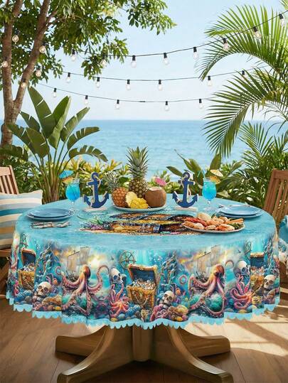 1 chiếc khăn trải bàn bằng polyester họa tiết bạch tuộc và rương kho báu cướp biển dưới nước, hình chữ nhật hoặc hình tròn, màu xanh biển, thích hợp trang trí bàn ăn mùa hè, cho các bữa tiệc bãi biển, tụ họp bên bờ biển mùa hè, dã ngoại ngoài trời theo chủ đề biển và trang trí bàn ăn ngoài trời.