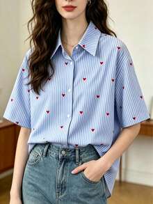 2026夏季新款甜心印花蓝白条纹直筒短袖衬衫，女士宽松休闲衬衫，百搭日常穿着 - 藍色 - 查看 1