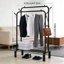 1pc Modern Freestanding Double-Bar Clothes Drying Rack, Garment Rack, Coat Rack - Space-Saving Double-Rod Clothing Organizer, No Assembly Required - Suitable For Bedroom, Dorm, Laundry Room - Compact Hanging Clothes Rack For Apartment, Office - Easy To Install, Wardrobe Alternative, Essential Home Storage, Metal Frame Plastic Base Material, Black - A - View 4
