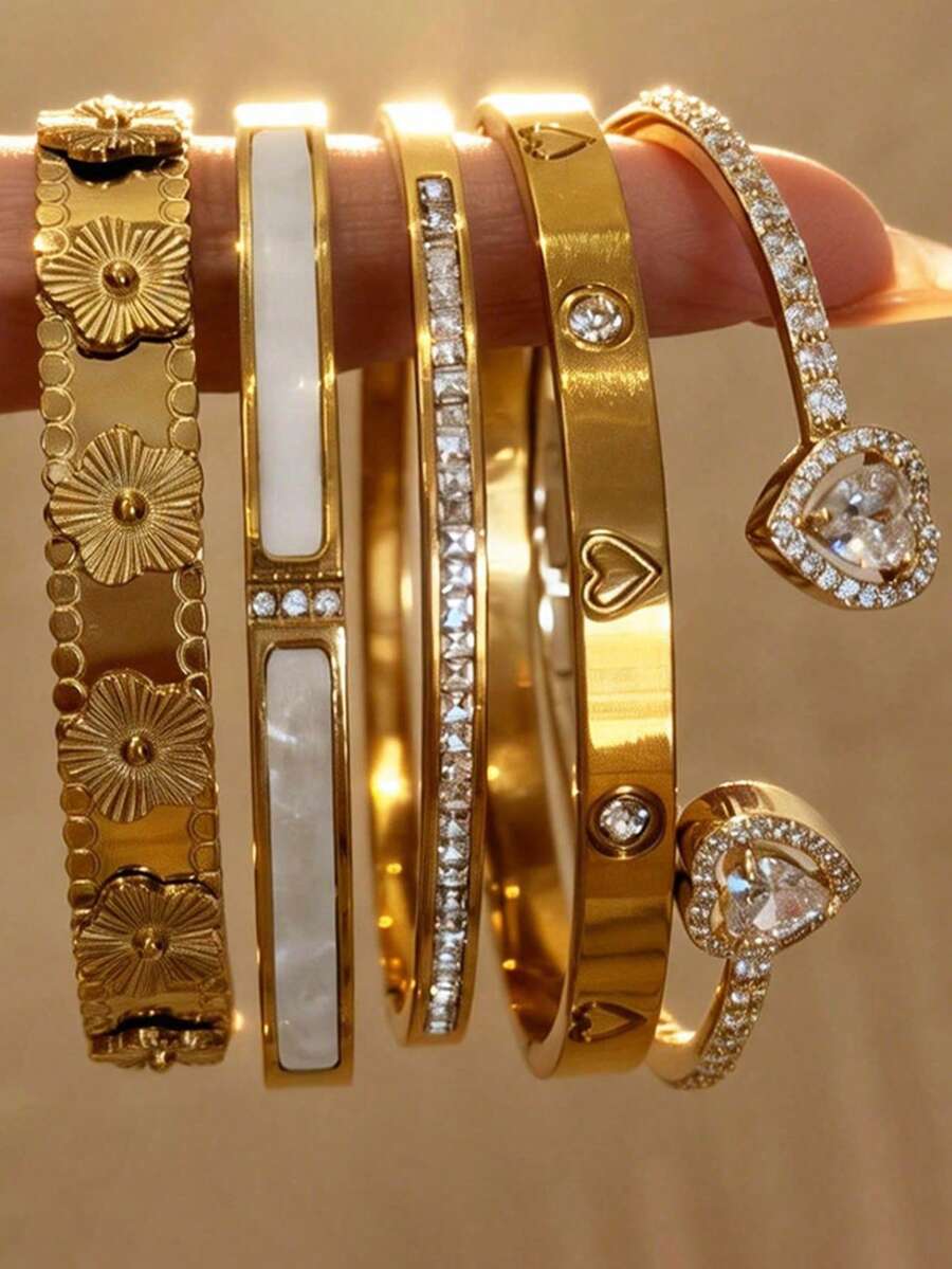 Bộ 5 vòng tay bằng thép không gỉ mạ vàng 18K hình trái tim đính đá, vòng tay hở đính đá zirconia nhân tạo, bộ vòng tay thời trang dành cho nữ, thích hợp đeo hàng ngày, quà tặng ngày lễ. - Vàng - Xem 1