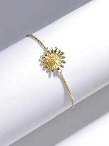 1pc Elegant Cute Vacation Style Daisy Zirconia Inlaid Women's Bracelet, Luxury Delicate Adjustable Chain Versatile Hand Accessory - Multicolor - View 3