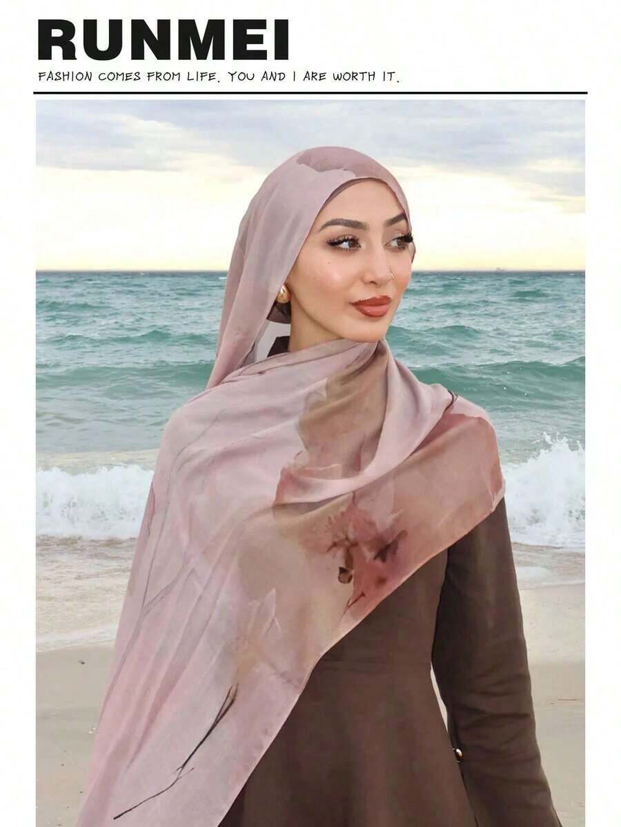1pc Women's Bohemian Watercolor Print Chiffon Scarf, Elegant Hijab For Spring/Autumn, Suitable For Daily & Outdoor Wear - Màu xanh lá cây đậm - Xem 1