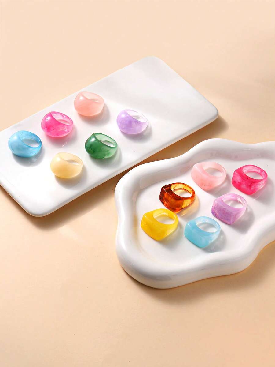 Bộ 6 chiếc nhẫn vuông bằng nhựa dành cho nữ, kiểu dáng ngọt ngào, dễ thương, đa năng và thời trang. - nhẫn - Xem 1