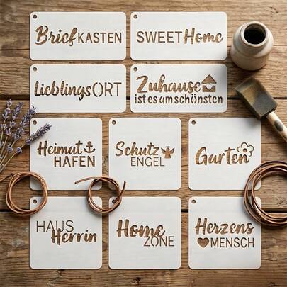 10 khuôn mẫu tục ngữ tái sử dụng, chứa các họa tiết như "Briefkasten" (Hộp thư), "Sweet Home" (Ngôi nhà thân yêu), "Zuhause Ist Es Am Schönsten" (Nhà là nơi đẹp nhất), thích hợp cho chất liệu nỉ, acrylic, da, dùng làm móc khóa, phụ kiện túi xách, mặt dây chuyền xe hơi, thêm chút hài hước, tình yêu và vẻ đẹp thường nhật cho mọi chi tiết (2 kích cỡ)