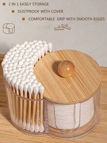 2-In-1 Bamboo Lid Transparent Plastic Storage Box, Dual-Compartment Makeup Organizer Box With 2 Round Holes, Modern Vanity Desk Storage Box With Lid, Bathroom Vanity Organizer For Makeup Brushes, Lipsticks, Beauty Tools - Multicolor - View 2