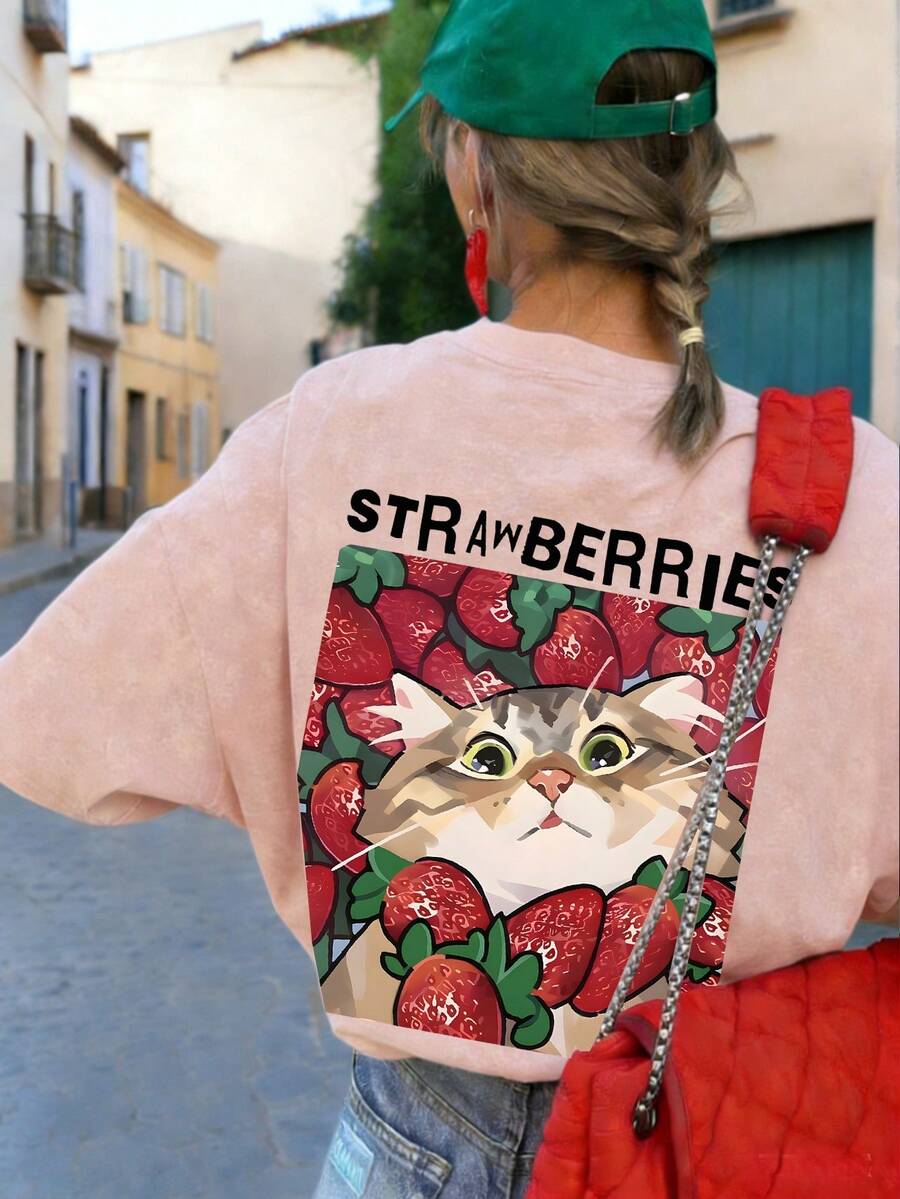 夏季新款休闲可爱草莓猫字母印花圆领扎染短袖T恤,时尚百搭女式上衣,粉色 - 粉色 - 查看 1