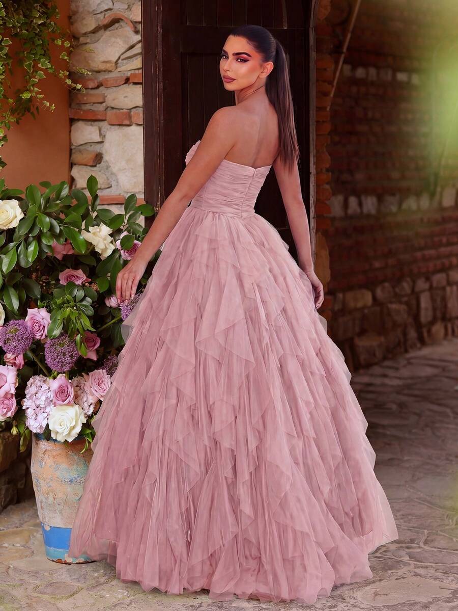 Faeriesty Vestido de novia romántico sin tirantes, falda de tul con volantes en capas, silueta de línea A, adecuado para bodas clásicas, graduaciones, galas