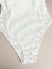 Body entero elegante casual nueva  2026 cuello redondo manga corta punto canalé ceñido básico mujer uso diario primavera otoño - Blanco - Ver 4