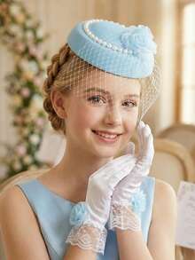 2 peças/Conjunto Chapéu Fascinator de Tule Floral Azul para Adolescentes + Luvas de Cetim com Renda Floral Azul, Conjunto de Mini Chapéu de Tule de 2 Peças, Adereços para Fotografia de Casamento, Acessório de Cabelo para Decoração de Casamento Nupcial, Adereços para Cabine de Fotos de Festa, Adereços de Casamento, Adereços Nupciais - Azul - Visão 5