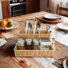 Multi-Function Rattan-Woven Divided Storage Basket, Kitchen Utensil Cutlery Holder, Condiment Jar Organizer Box, Suitable For Home, Restaurant, Bar, Picnic - High and Low Style - Divided Blue - View 10