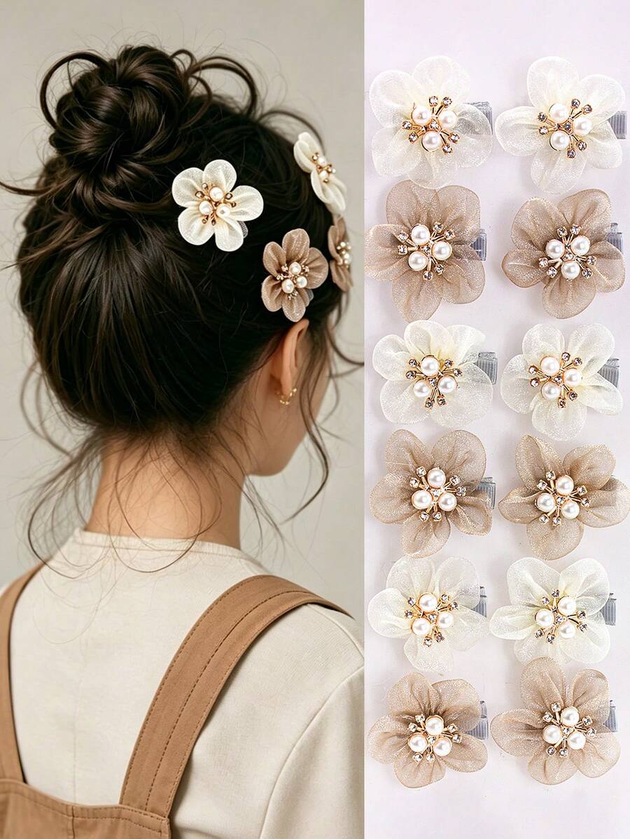6pcs New Multicolor Premium Mesh Flower Crystal Pearl Hair Clips, Cute & Sweet Hair Accessories, Fashion Headwear For Girls