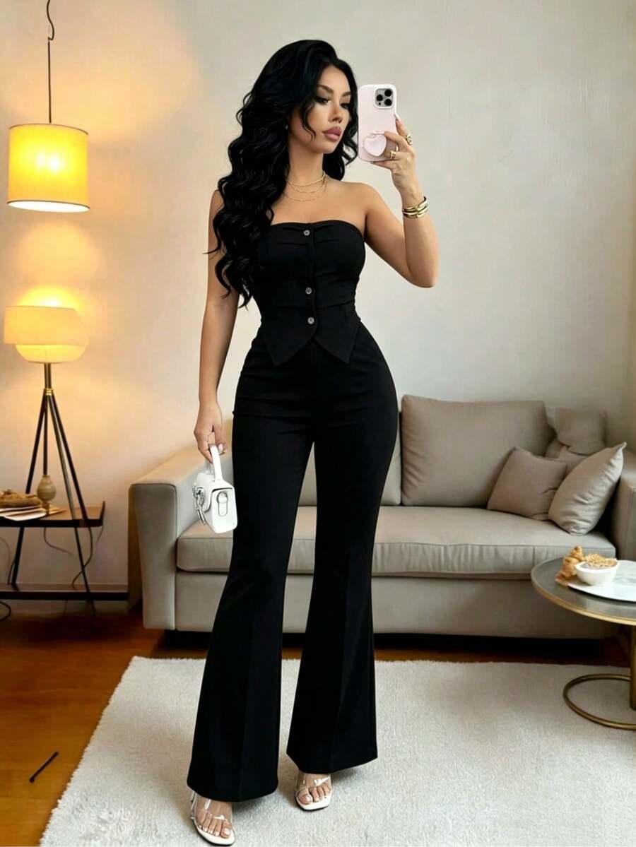 Conjunto para mujer de 2 piezas suelto y casual de verano: top corto bustier con estampado de letra y pantalones plisados de pierna ancha - Negro - Ver 1