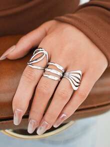 Uself 3 piezas/1 pieza Anillos geométricos de acero inoxidable plateado, regalo del Día de la Madre, adecuado para el 4 de julio, joyería minimalista para mujeres, bajo en alergias, para uso diario y de fiesta, joyería occidental, accesorios de playa para mujeres, regalo del Día del Maestro - Multicolor - Ver 4