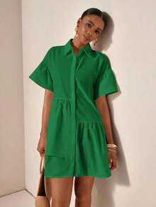 Vestido casual de verano suelto y simple con botones en la cintura - Verde Oliva 2 - Ver 3