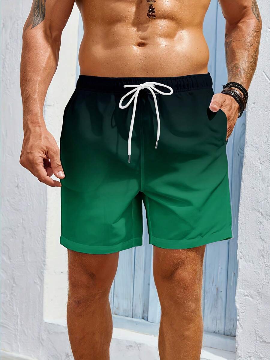 Summer Quick Drying Beach Shorts With Pocket Drawstring Elastic Waist Design, Loose And Breathable Quick Drying Five Quarter Pants, Hawaiian Style Bea - 墨綠色 - 查看 1
