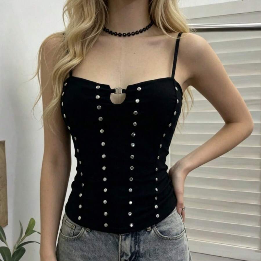 Women's Black Corset Top Spaghetti Strap Fishbone Bustier With Rhinestone Studs Y2K Gothic Grunge Sleeveless Camisole Sexy Summer Streetwear - 黑色 - 查看 1