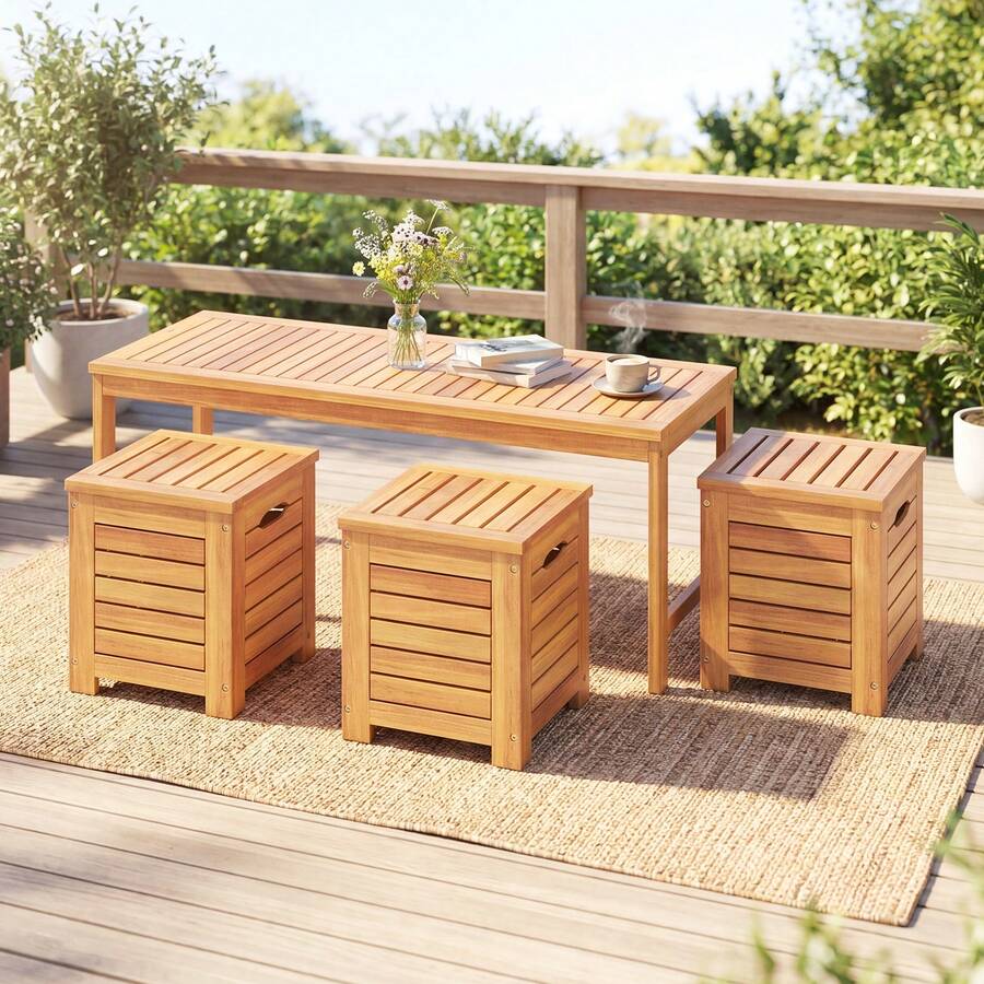 COSTWAY 4-Piece Outdoor Bench And Storage Box Set, Acacia Wood Backless Patio Bench And Deck Boxes With Lids And Built-In Side Handles For Porch, Balcony, Backyard And Poolside, Natural - A - View 1
