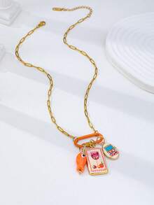 1 chiếc vòng cổ mặt hình cá tráng men phong cách Boho mùa hè dành cho nữ, dây chuyền dạng kẹp giấy mạ vàng 18K với khóa móc, trang sức phong cách Bohemian cho kỳ nghỉ. - mặt dây chuyền hình ly rượu vang - Xem 4