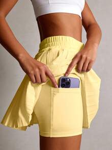 NcmRyu 1pc Women Solid Color Elastic Waist Pleated Design Lined Shorts With Pockets, Loose Fit Sports Shorts - Yellow - View 6