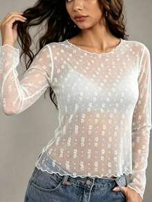 Elegant White Floral Lace Mesh Long Sleeve Sheer Blouse, Casual Daily Wear For Women Spring - White - View 3