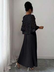 Vestido con decoración floral elegante y bajo plisado, adecuado para bodas, fiestas de cumpleaños y otras ocasiones, otoño - Negro - Ver 2