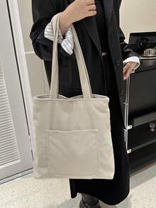 Corduroy Tote Bag, Large Capacity Casual Shoulder Bag, Solid Color Open Top Handbag, A4/13 Inch Laptop Bag For Work School Daily Use, Vintage Brown - Brown - View 10