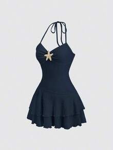 Nuevo vestido de playa romántico y vacacional para mujer con cuello halter, corbata en el cuello, decoración de estrella dorada, doble capa de volantes y corte evasé en color albaricoque, adecuado para tomar el té por la tarde o un picnic en el parque - Azul marino - Ver 3