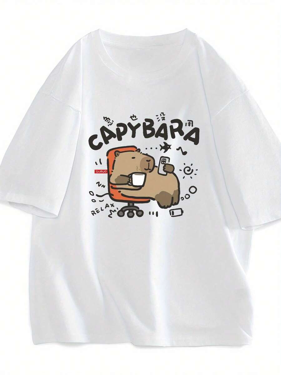 Camiseta de manga corta para hombre con diseño de dibujos animados, de tela gruesa y corte holgado, estilo hip-hop americano para verano, top para parejas, camiseta de marca a la moda. - Blanco - Ver 1