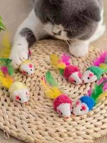 10pcs Random Color Cat Toys, Plush Small Mouse With Feather Tail Interactive Toys, Make Crinkle Sound To Help Cats Entertain Themselves At Home - Multicolor - View 5