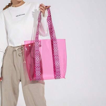 1pc Transparent Silicone Women's Shoulder Tote Bag, Fashionable Versatile Beach Bag, Large Capacity, Great Gift