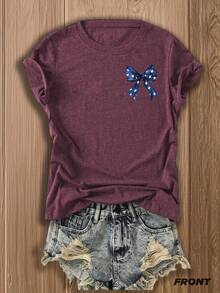 T-Shirt With A Patriotic Bow Print On Both Sides, Designed In Festive Red, White, And Blue For The 4th Of July Festivities, Ideal For Summer And Patriotic Gatherings. |   Casual Fashion For Women |   Double-Sided Printed T-Shirt - Breathable - 海軍藍 - 查看 8