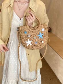 1 pieza de bolso de paja con decoración de conchas marinas y estrellas de mar, mini bolso tejido con cadena desmontable, bolso de playa de verano para mujer, bolso cruzado casual. - Caqui - Ver 6