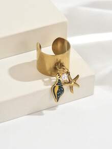 1 pieza Anillo vintage de acero inoxidable para mujer con colgante de estrella de mar y concha negra aceitada, anillo abierto ancho, joyería de regalo adecuada para uso diario - anillo - Ver 4