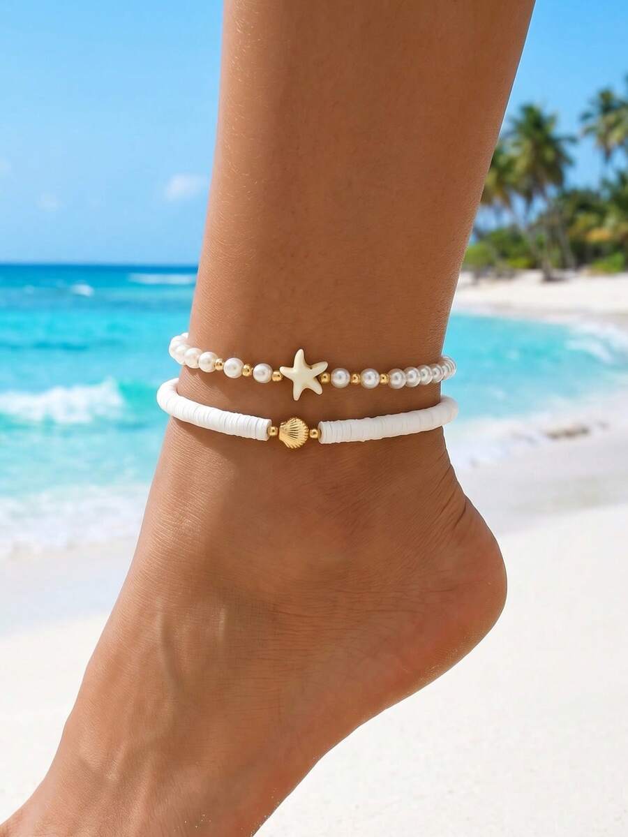 2pcs/Set Gelang Kaki Manik-Manik Motif Kerang & Bintang Laut Gaya Musim Panas, Gelang Kaki Perhiasan Mutiara Imitasi Buatan Tangan untuk Wanita, Cocok untuk Pemakaian Sehari-hari dan Pesta Liburan - MultiWarna - View 1