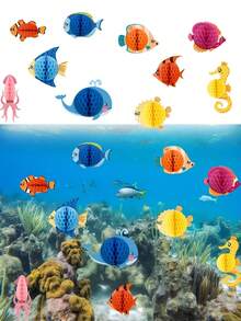 3pcs Ocean Party Decoration Set, Tropical Fish Honeycomb Ball Set, Rainbow Hanging Decorations, Indoor And Outdoor Colorful Ocean Style Decorations,Birthday Party Props,Holiday Celebrations,Party Supplies,Under-The-Sea/Luau/Hawaiian/Table Centerpiece - A - View 6