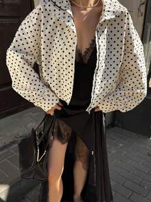 HH 女士时尚修身高领长袖短款外套波点印花休闲夹克女士 2025 新款高街外套 - 白色 - 查看 2