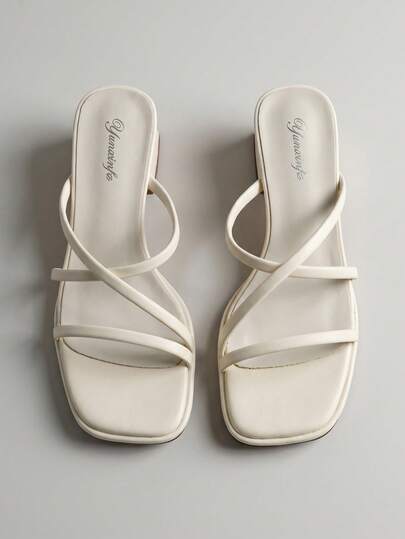 Giày sandal một quai mới mùa hè 2026 dành cho nữ, kiểu dáng tối giản, gót chunky, gót trung bình, quai chéo, hở mũi, quai mỏng, màu trắng thanh lịch, cao gót.